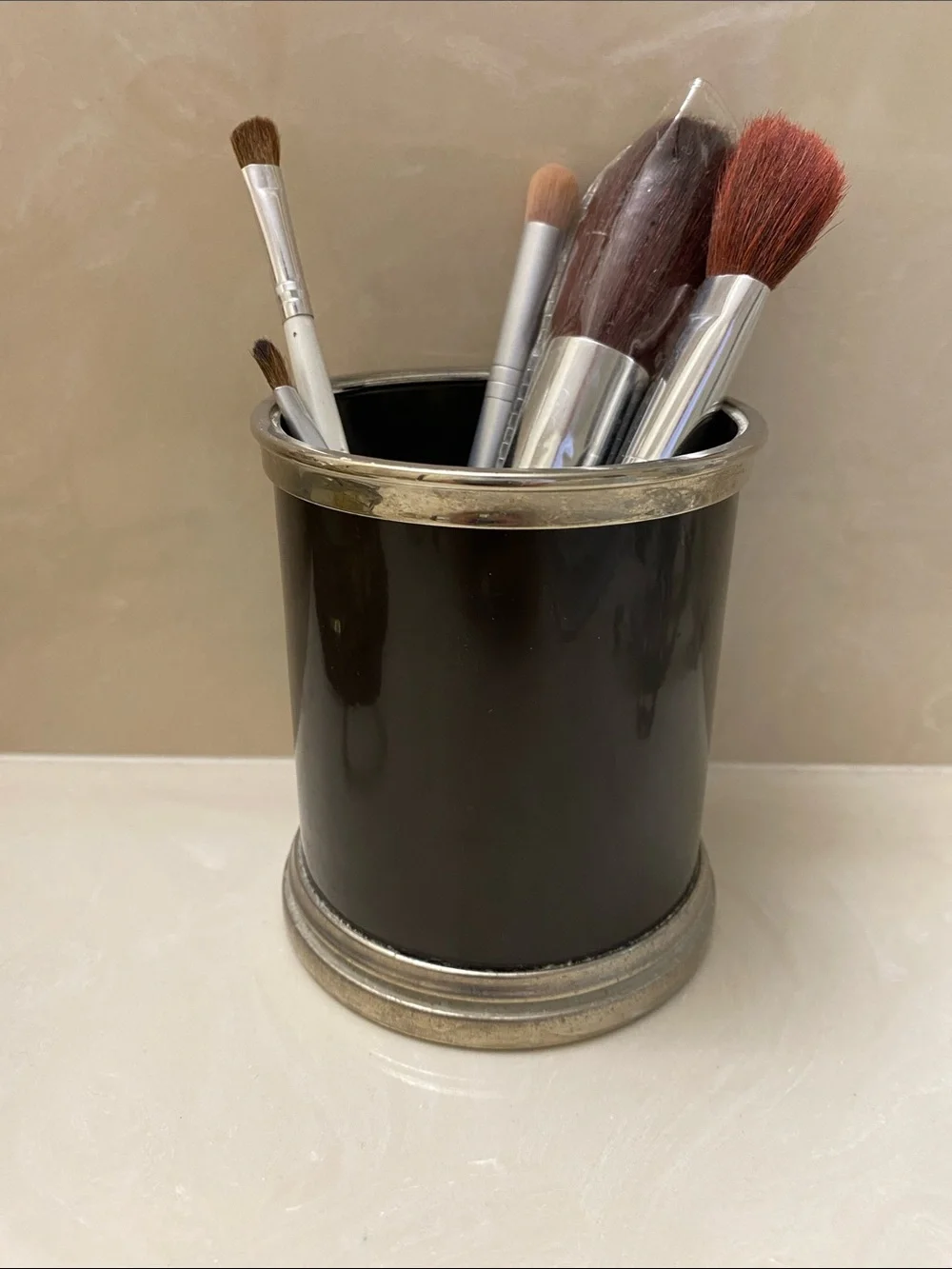 Classic Dark Brown Metal Decorative Holder with Silver Trim 4” high